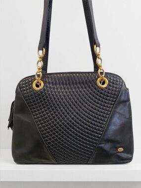 Vintage Bally Black Quilted & Smooth Lambskin Shoulder Bag Gold Link Chain